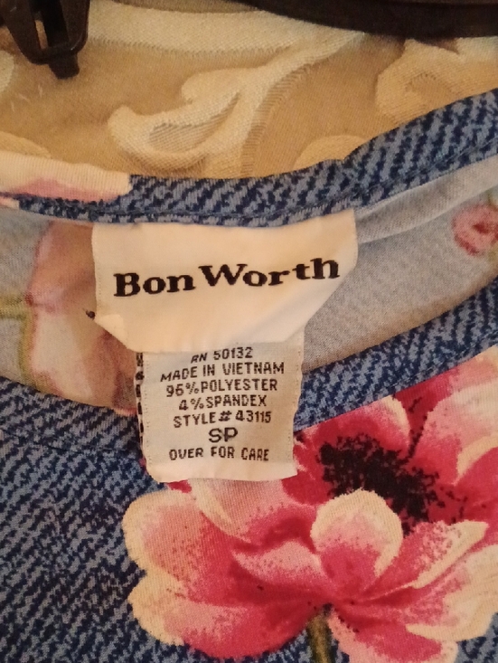 Bon Worth Blue Floral 3/4  Sleeve Top with Pink Flowers - Picture 4 of 6